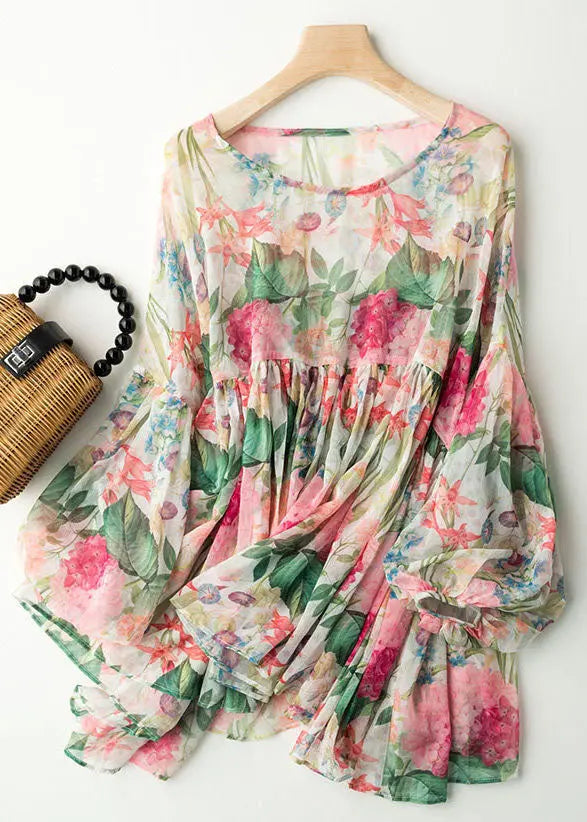 Fashion Floral Print Wrinkled Patchwork Chiffon Blouses Lantern Sleeve Ada Fashion