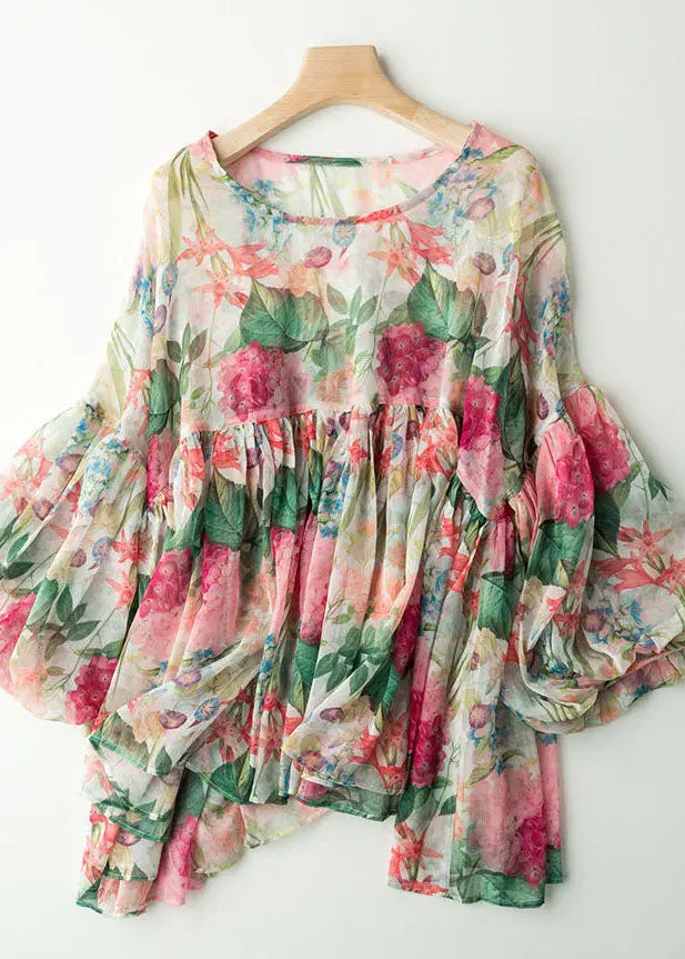 Fashion Floral Print Wrinkled Patchwork Chiffon Blouses Lantern Sleeve Ada Fashion