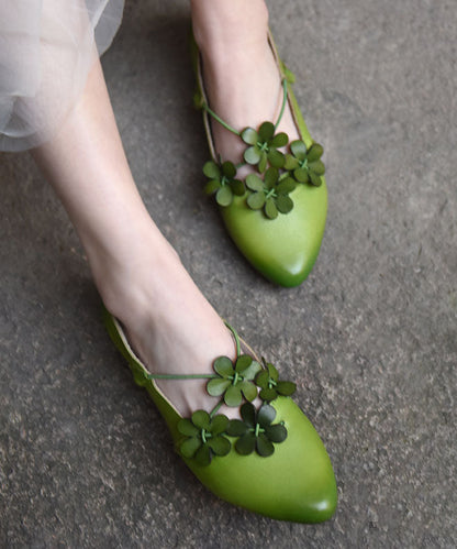 Fashion Floral Splicing Flat Shoes Pointed Toe Green Cowhide Leather LY7680