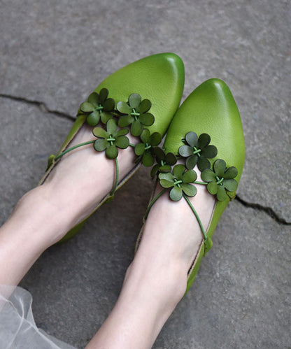 Fashion Floral Splicing Flat Shoes Pointed Toe Green Cowhide Leather LY7680