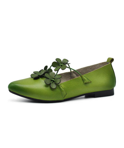 Fashion Floral Splicing Flat Shoes Pointed Toe Green Cowhide Leather LY7680