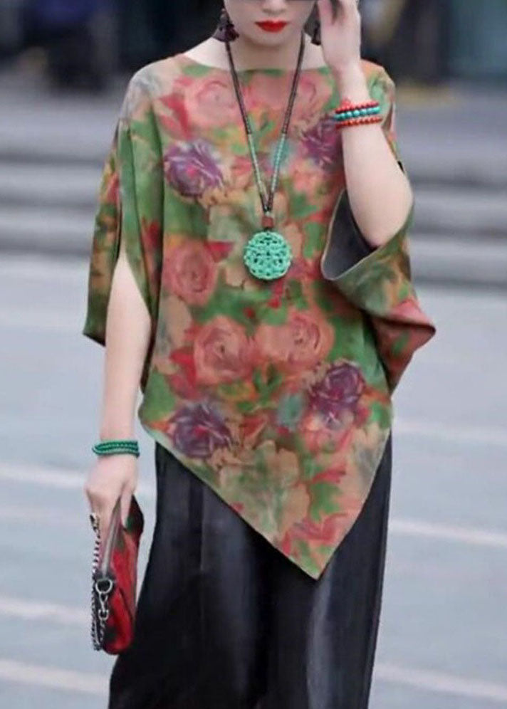 Fashion Green Asymmetrical Print Silk Shirt Tops Bracelet Sleeve LY4688 - fabuloryshop