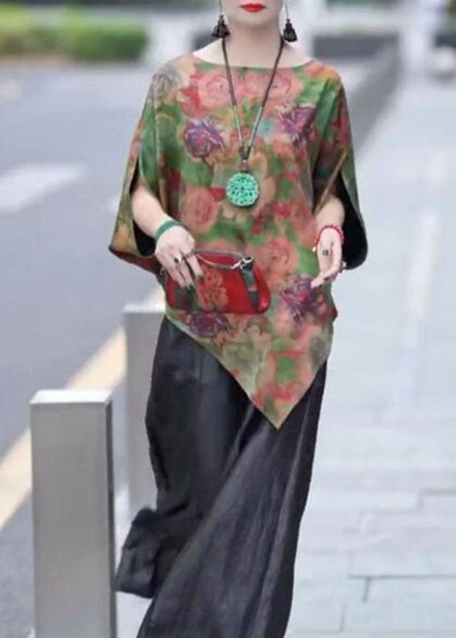 Fashion Green Asymmetrical Print Silk Shirt Tops Bracelet Sleeve LY4688 - fabuloryshop