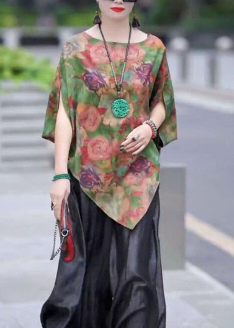 Fashion Green Asymmetrical Print Silk Shirt Tops Bracelet Sleeve LY4688 - fabuloryshop