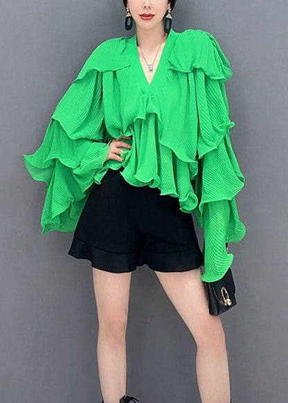 Fashion Green Asymmetrical Ruffled Patchwork Chiffon Tops Spring LC0352 - fabuloryshop