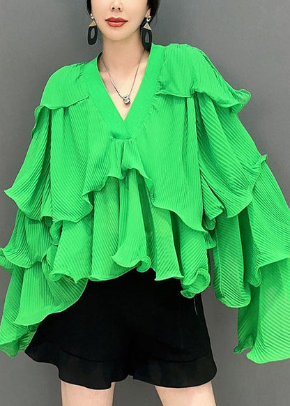 Fashion Green Asymmetrical Ruffled Patchwork Chiffon Tops Spring LC0352 - fabuloryshop