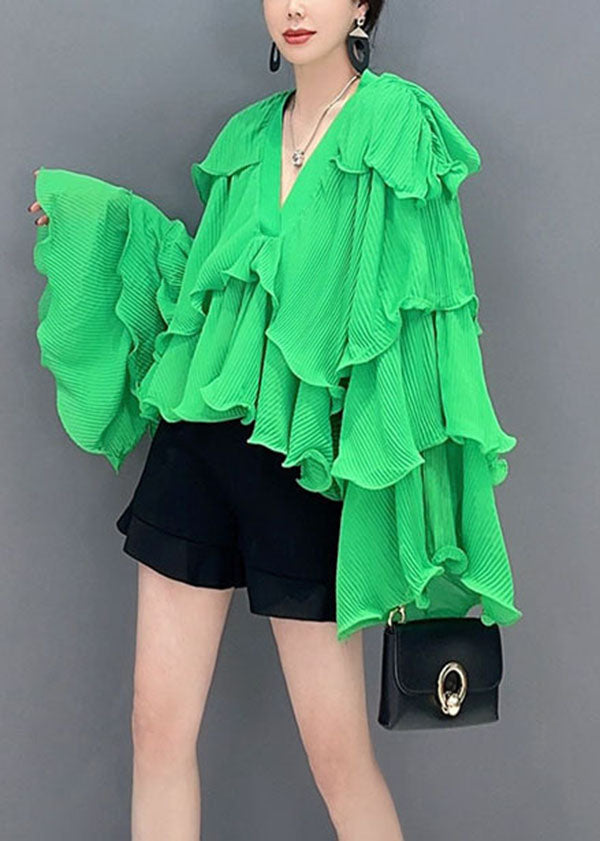 Fashion Green Asymmetrical Ruffled Patchwork Chiffon Tops Spring LC0352 - fabuloryshop