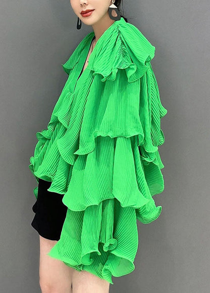 Fashion Green Asymmetrical Ruffled Patchwork Chiffon Tops Spring LC0352 - fabuloryshop