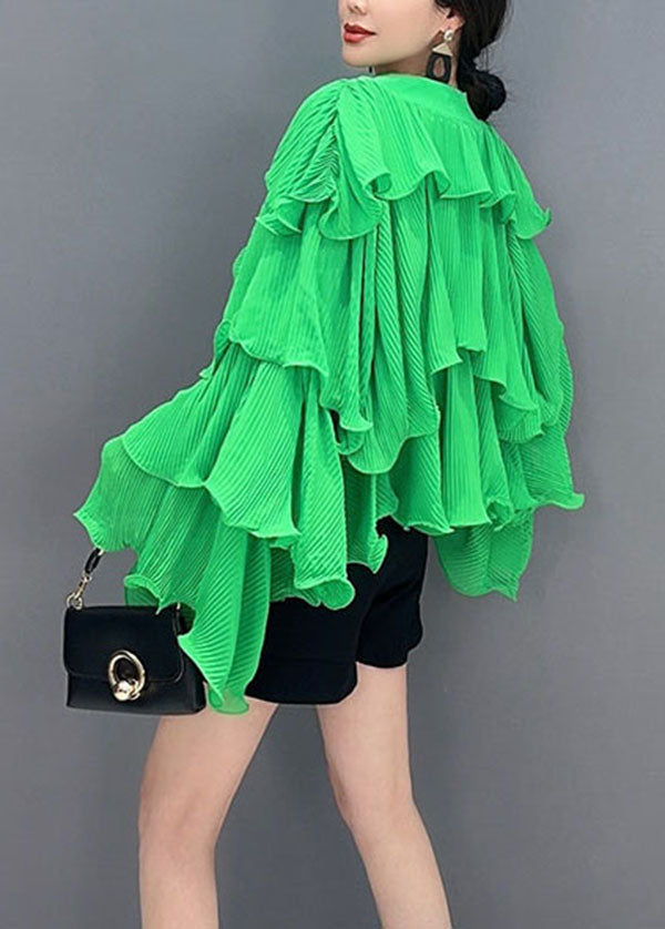 Fashion Green Asymmetrical Ruffled Patchwork Chiffon Tops Spring LC0352 - fabuloryshop