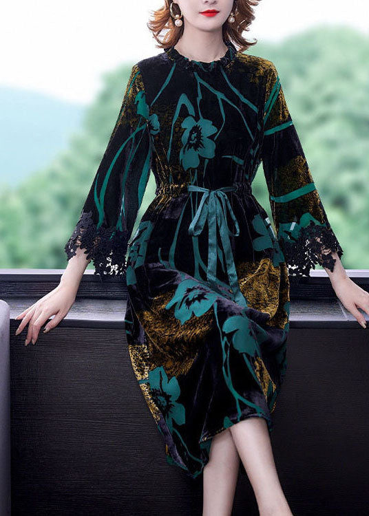 Fashion Green Cinched Jacquard Silk Velour Long Dress Spring LY0514 - fabuloryshop