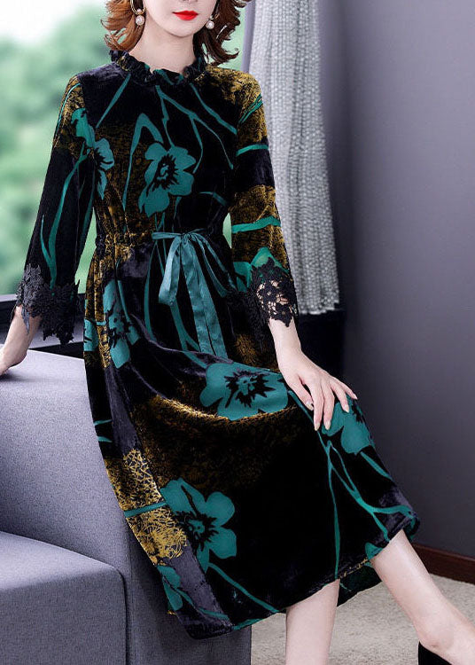 Fashion Green Cinched Jacquard Silk Velour Long Dress Spring LY0514 - fabuloryshop