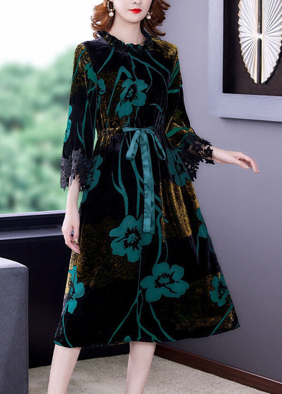 Fashion Green Cinched Jacquard Silk Velour Long Dress Spring LY0514 - fabuloryshop