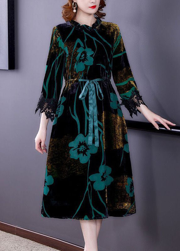 Fashion Green Cinched Jacquard Silk Velour Long Dress Spring LY0514 - fabuloryshop