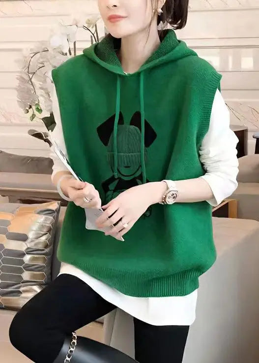 Fashion Green Hooded Patchwork Knit Vest Top Sleeveless Ada Fashion