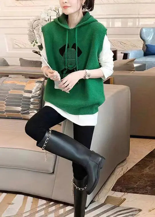 Fashion Green Hooded Patchwork Knit Vest Top Sleeveless Ada Fashion