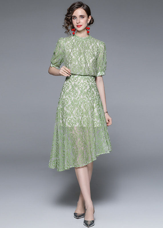 Fashion Green Jacquard Asymmetrical Patchwork Lace Mid Dress Summer LY7364 - fabuloryshop