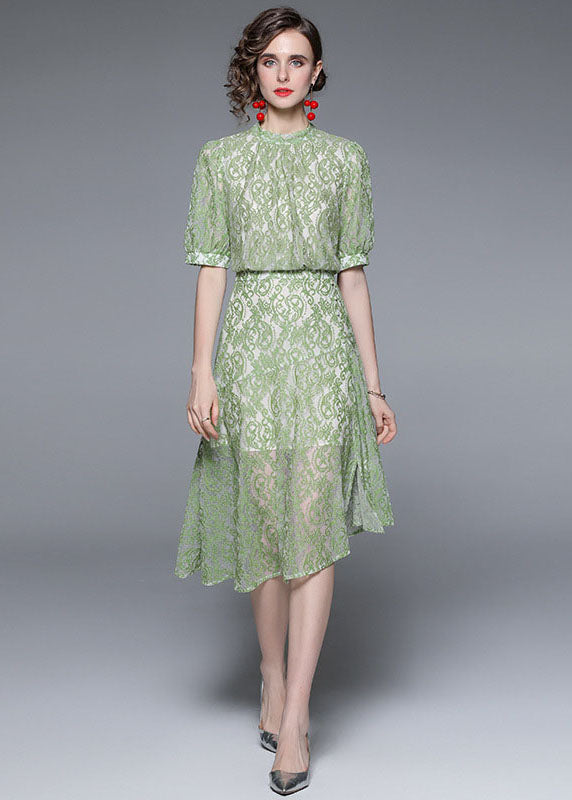 Fashion Green Jacquard Asymmetrical Patchwork Lace Mid Dress Summer LY7364 - fabuloryshop