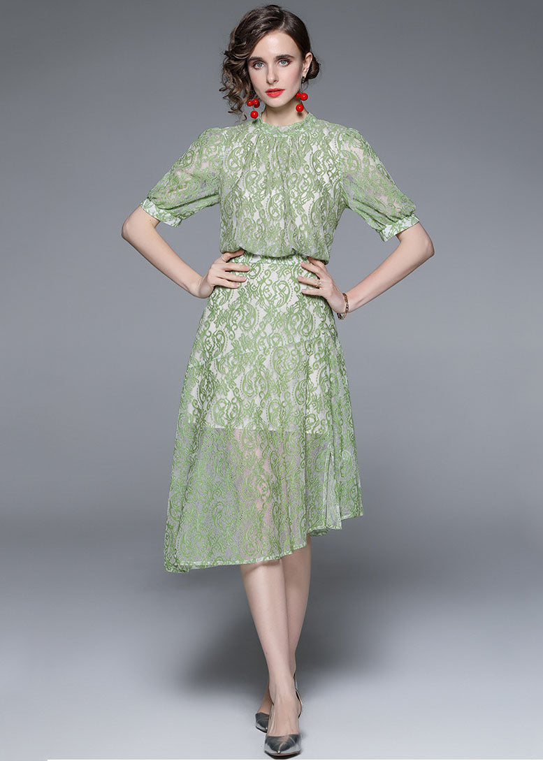 Fashion Green Jacquard Asymmetrical Patchwork Lace Mid Dress Summer LY7364 - fabuloryshop