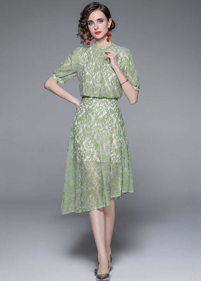 Fashion Green Jacquard Asymmetrical Patchwork Lace Mid Dress Summer LY7364 - fabuloryshop