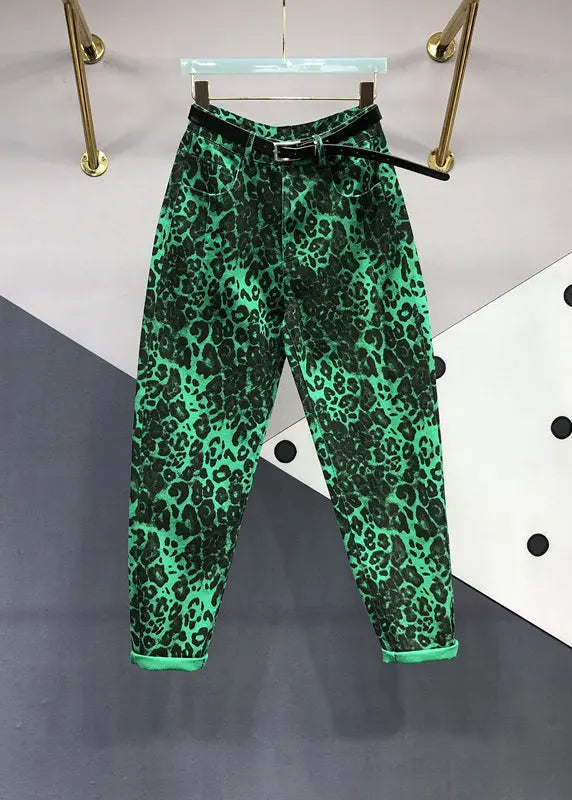 Fashion Green Leopard Pockets Patchwork Denim Pants Fall Ada Fashion