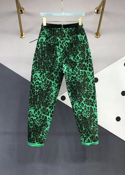 Fashion Green Leopard Pockets Patchwork Denim Pants Fall Ada Fashion