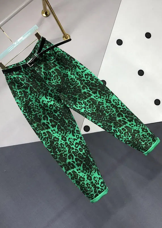 Fashion Green Leopard Pockets Patchwork Denim Pants Fall Ada Fashion