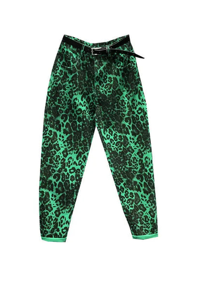 Fashion Green Leopard Pockets Patchwork Denim Pants Fall Ada Fashion