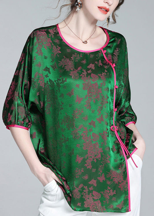 Fashion Green O-Neck Asymmetrical Button Silk Top Summer LY0953 - fabuloryshop