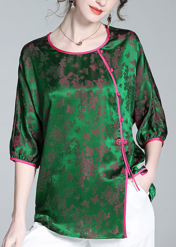 Fashion Green O-Neck Asymmetrical Button Silk Top Summer LY0953 - fabuloryshop