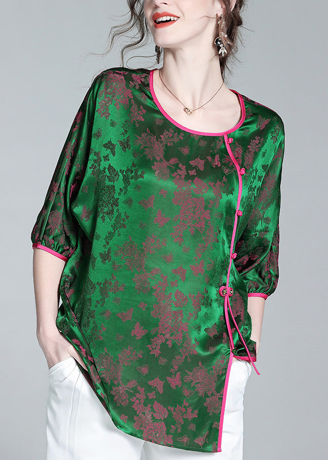 Fashion Green O-Neck Asymmetrical Button Silk Top Summer LY0953 - fabuloryshop