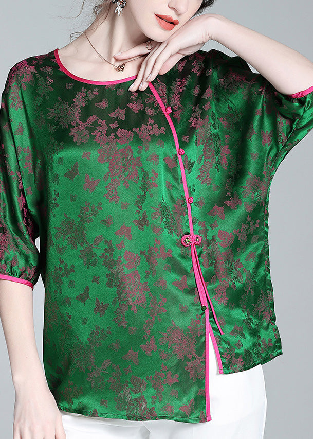 Fashion Green O-Neck Asymmetrical Button Silk Top Summer LY0953 - fabuloryshop