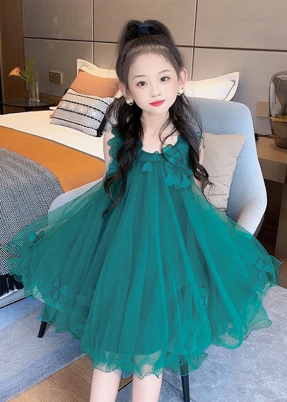 Fashion Green O-Neck Floral Layered Tulle Kids Long Dress Sleeveless LY5471 - fabuloryshop