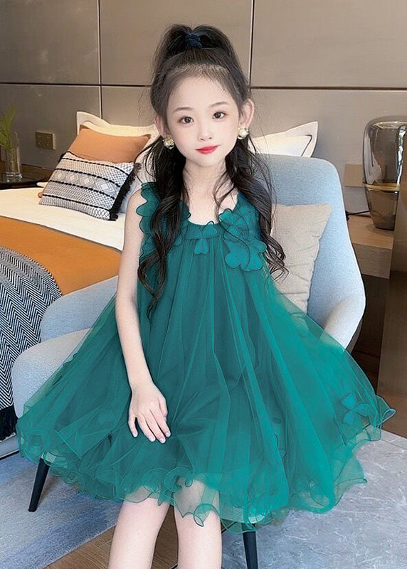 Fashion Green O-Neck Floral Layered Tulle Kids Long Dress Sleeveless LY5471 - fabuloryshop