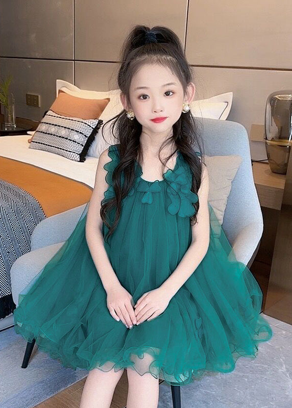 Fashion Green O-Neck Floral Layered Tulle Kids Long Dress Sleeveless LY5471 - fabuloryshop