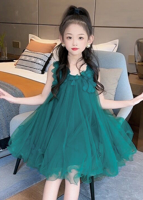 Fashion Green O-Neck Floral Layered Tulle Kids Long Dress Sleeveless LY5471 - fabuloryshop