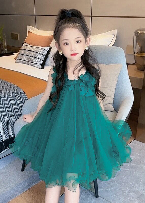 Fashion Green O-Neck Floral Layered Tulle Kids Long Dress Sleeveless LY5471 - fabuloryshop