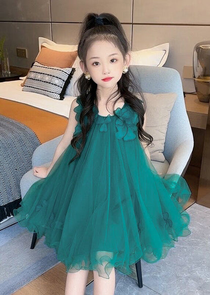 Fashion Green O-Neck Floral Layered Tulle Kids Long Dress Sleeveless LY5471 - fabuloryshop