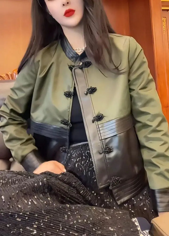 Fashion Green O-Neck Patchwork Button Leather Jacket Fall Ada Fashion