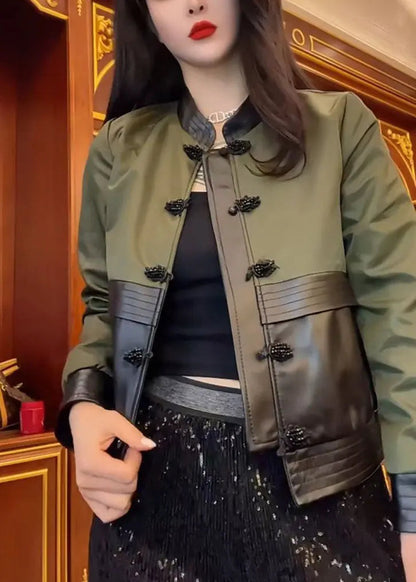 Fashion Green O-Neck Patchwork Button Leather Jacket Fall Ada Fashion