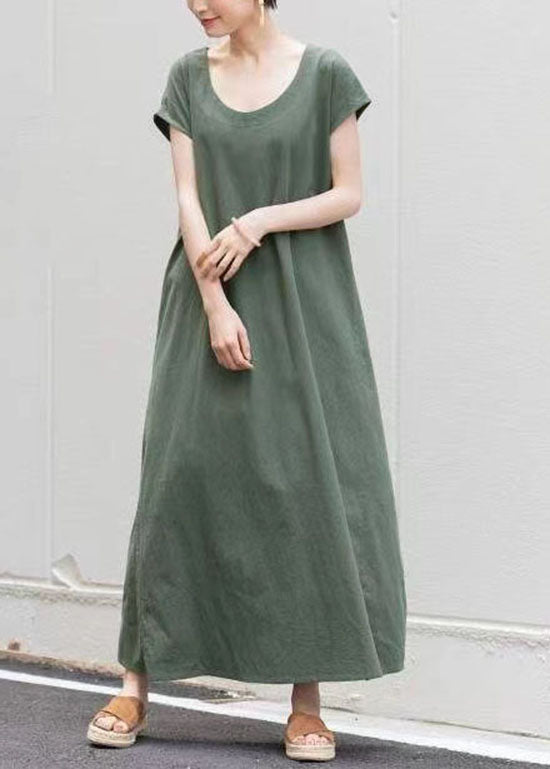 Fashion Green O Neck Patchwork Cotton Dress Short Sleeve LY2157 - fabuloryshop