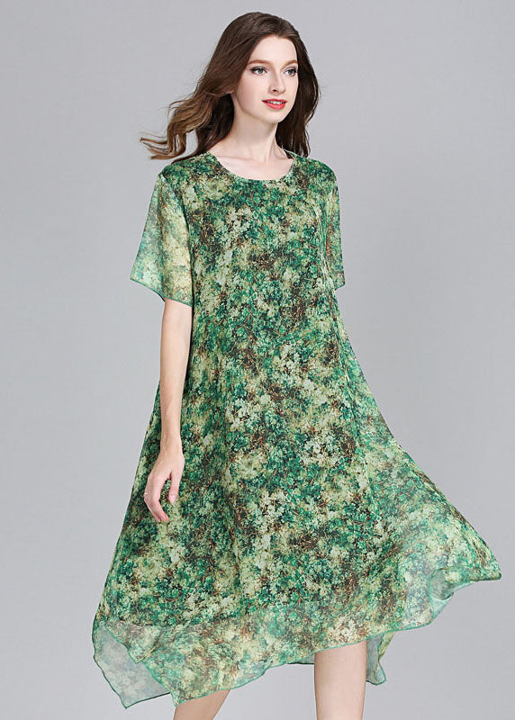 Fashion Green O Neck Print Patchwork Chiffon Dress Summer LY6496 - fabuloryshop