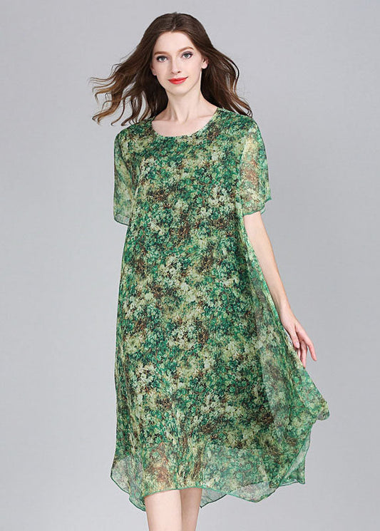 Fashion Green O Neck Print Patchwork Chiffon Dress Summer LY6496 - fabuloryshop