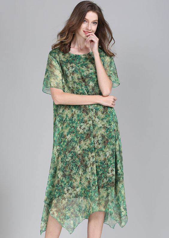 Fashion Green O Neck Print Patchwork Chiffon Dress Summer LY6496 - fabuloryshop