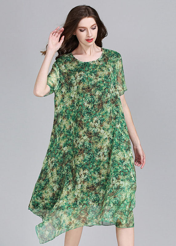 Fashion Green O Neck Print Patchwork Chiffon Dress Summer LY6496 - fabuloryshop