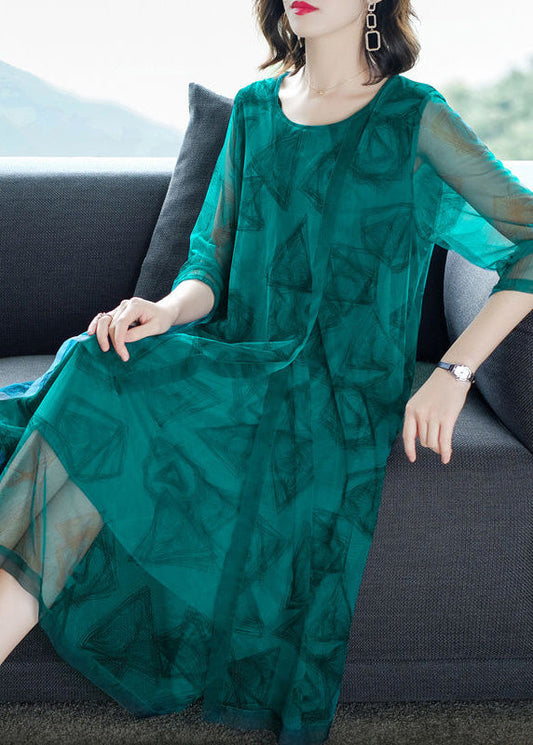 Fashion Green O-Neck Print Patchwork Tulle Maxi Dresses Summer Ada Fashion
