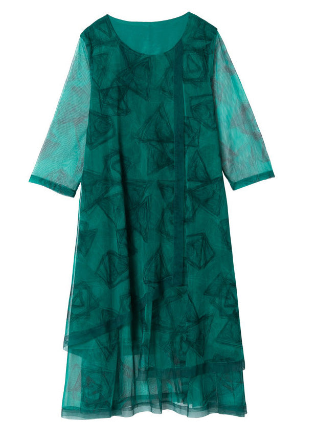 Fashion Green O-Neck Print Patchwork Tulle Maxi Dresses Summer Ada Fashion