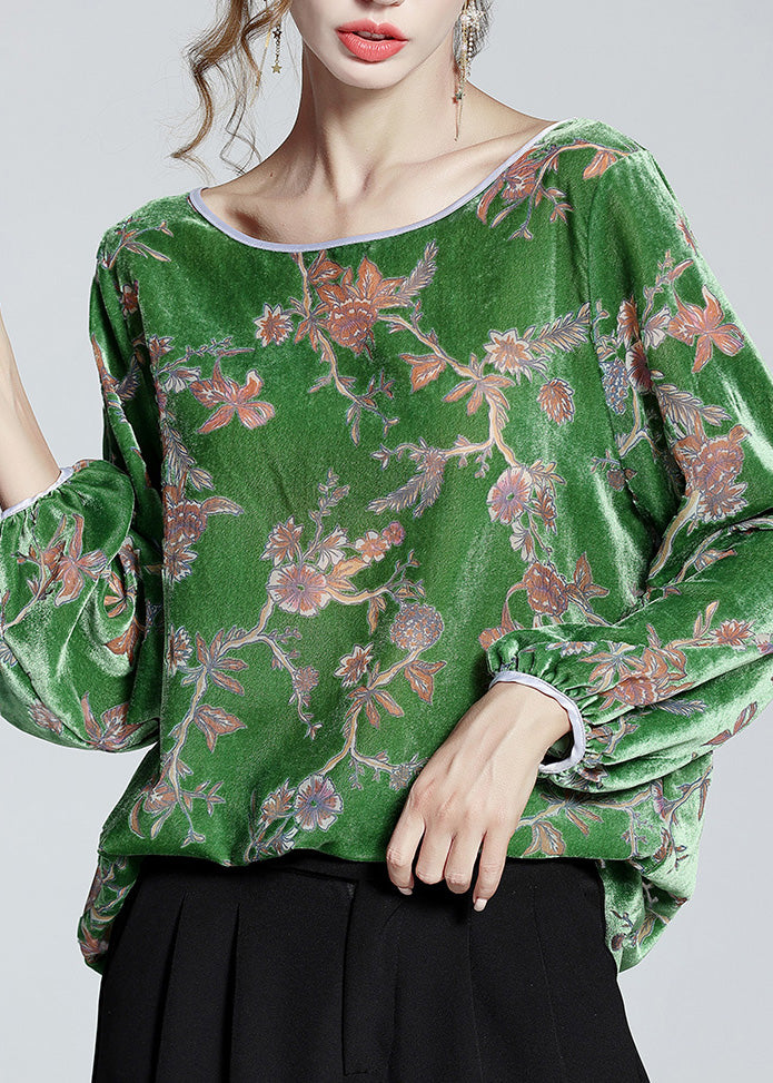 Fashion Green O-Neck Print Velour Top Spring LY0125 - fabuloryshop