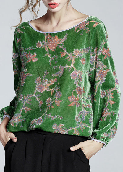 Fashion Green O-Neck Print Velour Top Spring LY0125 - fabuloryshop