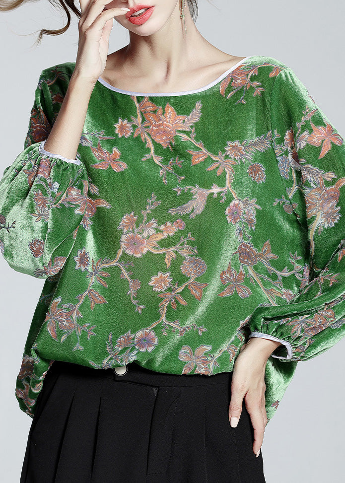 Fashion Green O-Neck Print Velour Top Spring LY0125 - fabuloryshop