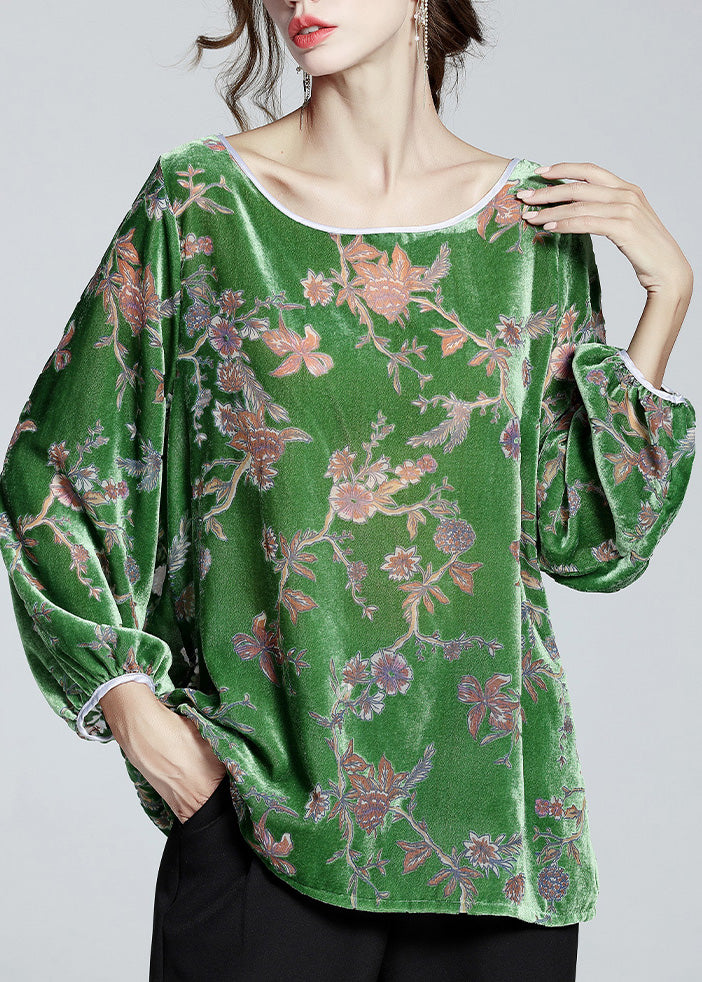 Fashion Green O-Neck Print Velour Top Spring LY0125 - fabuloryshop